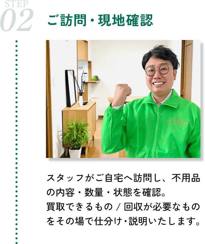 ご訪問・現地確認。スタッフがご自宅へご訪問し不用品の内容・数量・状態を確認します。買取できるもの、回収が必要なものをその場で仕分け・ご説明いたします。